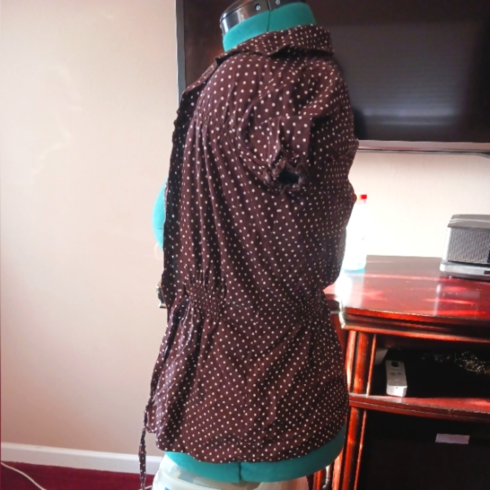 Medium, button up, brown polka-dotted blouse for women with a waist tie